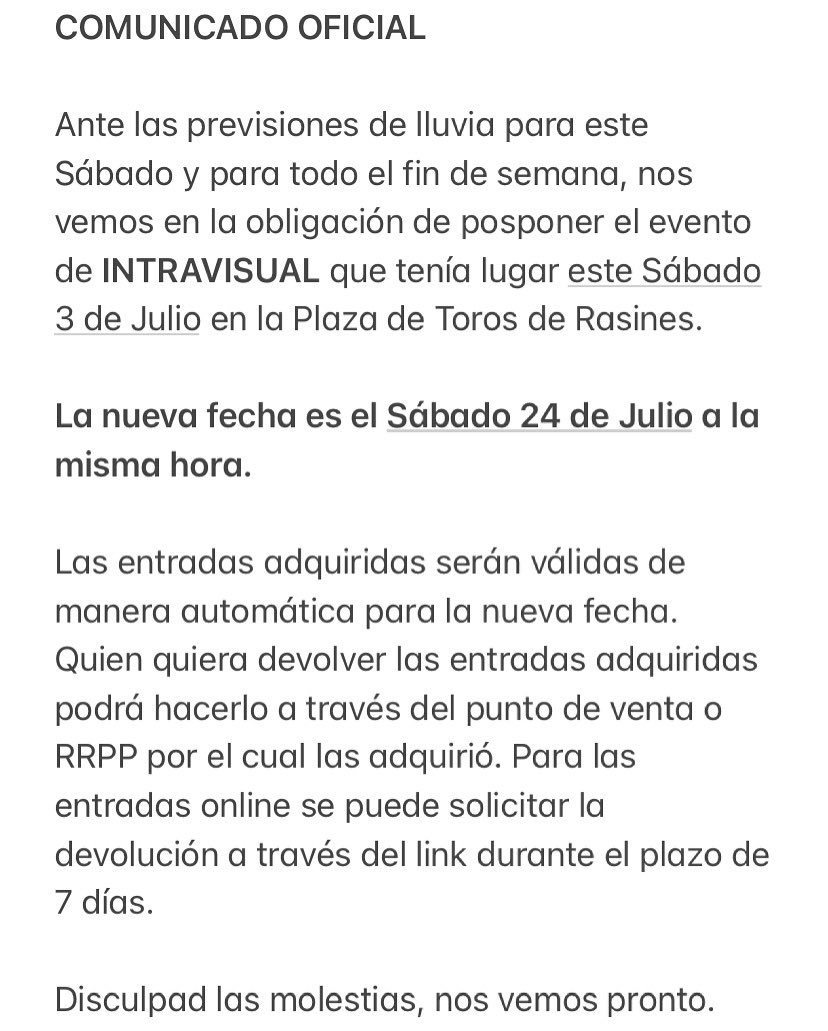 ➡️ Devolución de entradas: bit.ly/devolucionesra… 

➡️ Entradas para la nueva fecha: bit.ly/intraticket