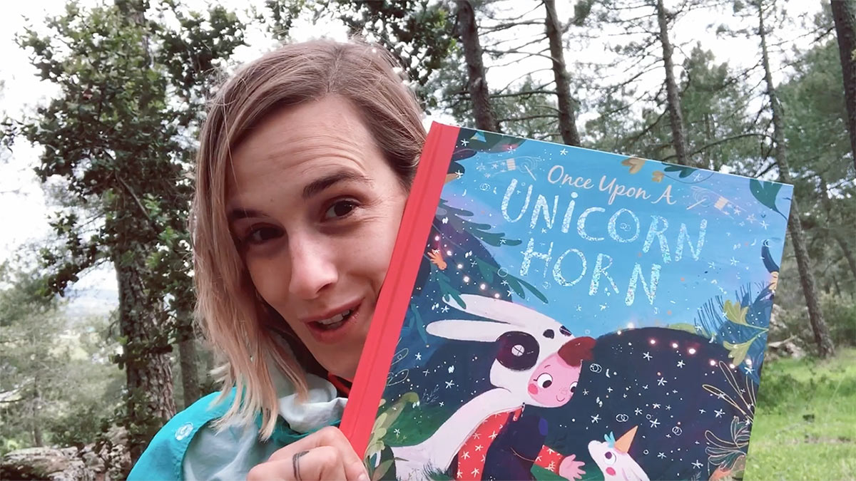 Beatrice Blue and the front cover of her book Once Upon a Unicorn Horn
