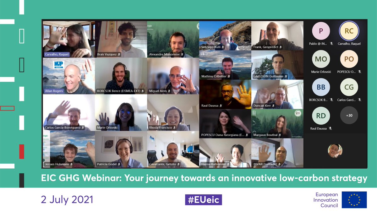 Over 30 #EUeic #SMEs started their low carbon journey 🌍 today through the GHG Programme! 

In our first webinar, we provided an intro to #GHGemissions ☁️ &amp; what the EIC can provide.

The next webinar 💻 will launch the 🆕 EIC GHG tool!

Apply now 👉 bit.ly/3qFAxhj