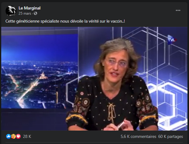 GrablyR's tweet photo. Sur les 6 derniers mois, la vidéo Facebook la plus populaire au sujet du vaccin est celle d'Alexandra Henrion-Caude, star du complotisme: 1,3 million de vues, 60.000 partages.

"Les effets secondaires du vaccin sont pires que les effets du Covid!" peut-on lire dans la séquence. https://t.co/YyJKXJVoYs
