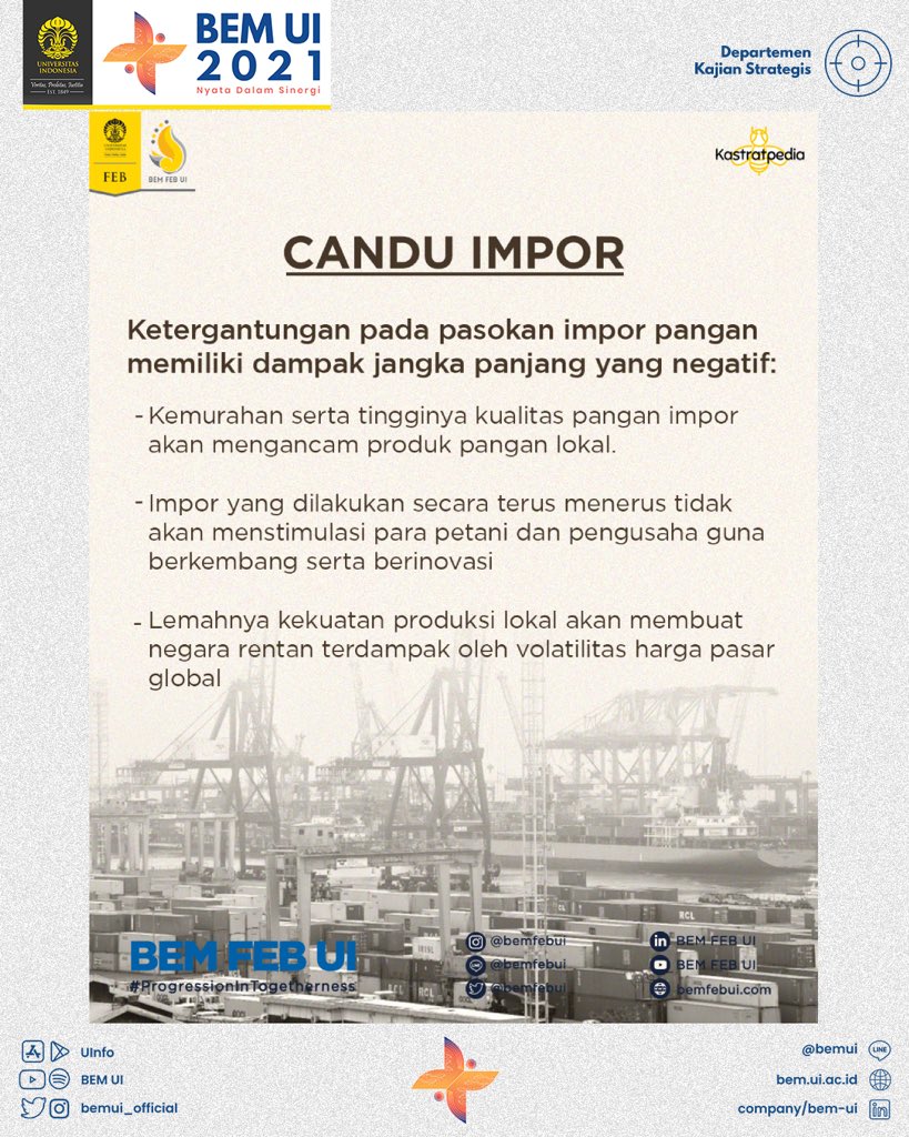 BEMUI_Official's tweet photo. Namun, faktanya kuantitas impor beberapa bahan pangan, yaitu beras, gula, dan garam sejak lima tahun terakhir belum turun. Pengadaan "food estate" sebagai solusi pemerintah juga memiliki kelemahan-kelemahannya sendiri. https://t.co/v2Qr08jpvb