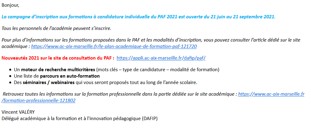 🚨PAF 2021-2022 : FORMATIONS A CANDIDATURE INDIVIDUELLE 🚨
📩Courriel envoyé le 1/07 à tous les personnels de l'académie. (cf photo)
🗓Inscriptions jusqu'au 21 septembre
➕d'infos dans l'article dédié sur le site académique  ac-aix-marseille.fr/le-plan-academ…

#formation <a href="/AcAixMarseille/">Acad. Aix-Marseille</a>