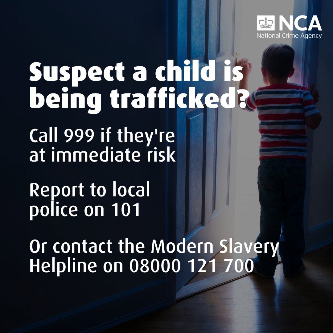 NCA_UK's tweet image. What would you do if you suspected a child was being exploited? 

Help is always available. 

If the child is in immediate danger call 999 otherwise contact local police on 101 or the Modern Slavery and Exploitation Helpline on 08000 121 700.