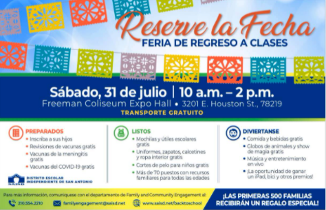 SAISDNeal's tweet photo. Feria de Recursos de Regreso a clases. Informes: (210) 554-2210. Transporte gratuito.
Cuándo: sáb. 31 de julio, de las 10-2:00 pm, Freeman Coliseum Expo Hall, 3201 E Houston St.

GRATIS: mochilas, útiles escolares, uniformes, zapatos, ropa interior corte de pelo para niños, etc https://t.co/SdMps8TWsv