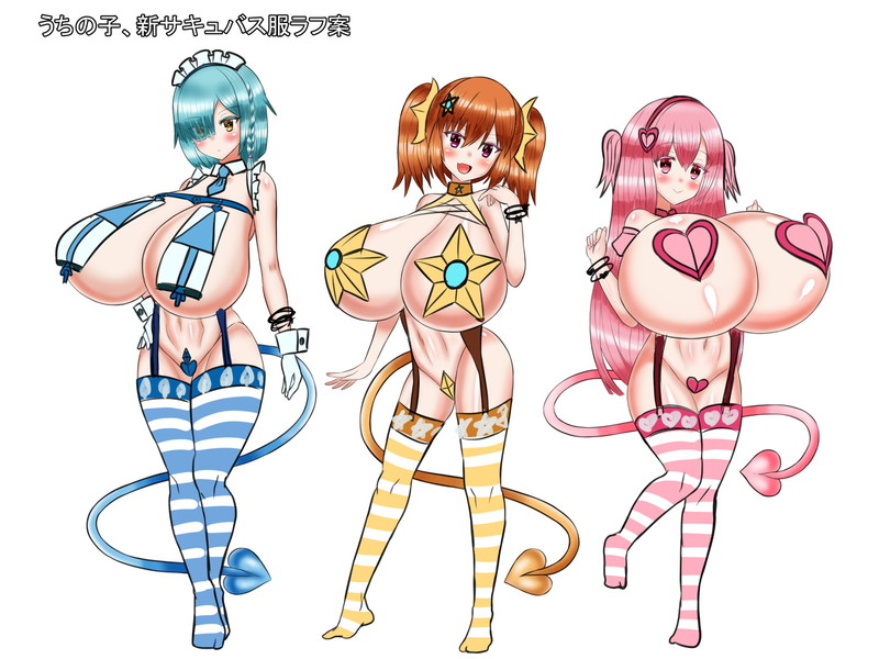 うちの子達の新サキュバス服を考え中…とりあえずこんな感じで行こうかなってところまでできました。後は線画に起こしつつ、デザイン修正していきます 