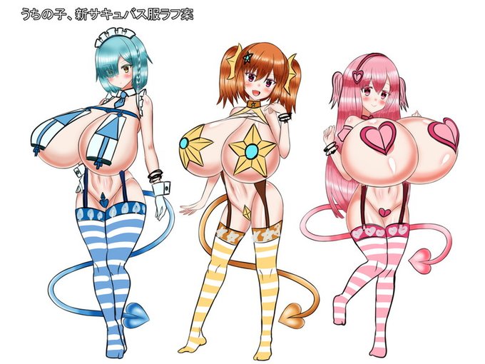 うちの子達の新サキュバス服を考え中…とりあえずこんな感じで行こうかなってところまでできました。後は線画に起こしつつ、デザイン修正していきます 