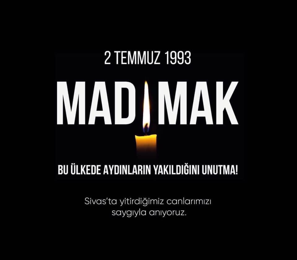 Madımak'ta katledilen canlarımızın acısı yüreğimizdeki tazeliğini koruyor. Yitirdiğimiz canlarımızı rahmetle, saygıyla anıyorum.Unutmayacağız, unutturmayacağız! #UnutMADIMAKlımda