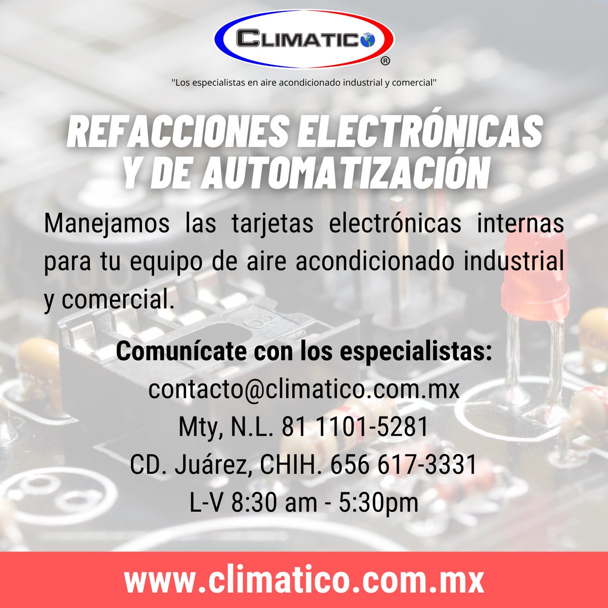 climatico_mx's tweet photo. Además de refacciones mecánicas e instrumentación, también tenemos a disposición refacciones electrónicas y de automatización para equipo de aire acondicionado industrial y comercial. 📟⚙️
🌐 https://t.co/U52NXyGkou

#aireacondicionado #mexico #Monterrey #CdJuarez #facebook #hvac https://t.co/IryMYLpKBU