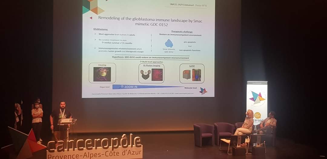 GliomeT's tweet photo. Bravo a Emmanuel, doctorant dans l'équipe @GliomeT pour son poster au séminaire du canceropole paca ! @CanceropolePACA #wearecanceropole https://t.co/uMsGY8P6P3