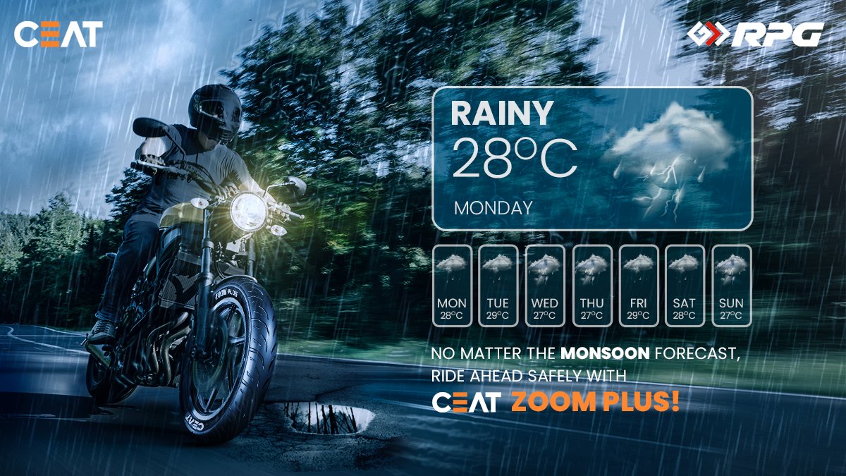 CEATtyres's tweet photo. It’s the season of safe riding with CEAT Zoom Plus!
Thanks to its wider contact area and enhanced high-speed handling, ride with confidence even on wet roads.
#CEAT #CEATTyres #ZoomPlus #Monsoon https://t.co/9BSMawuXPU