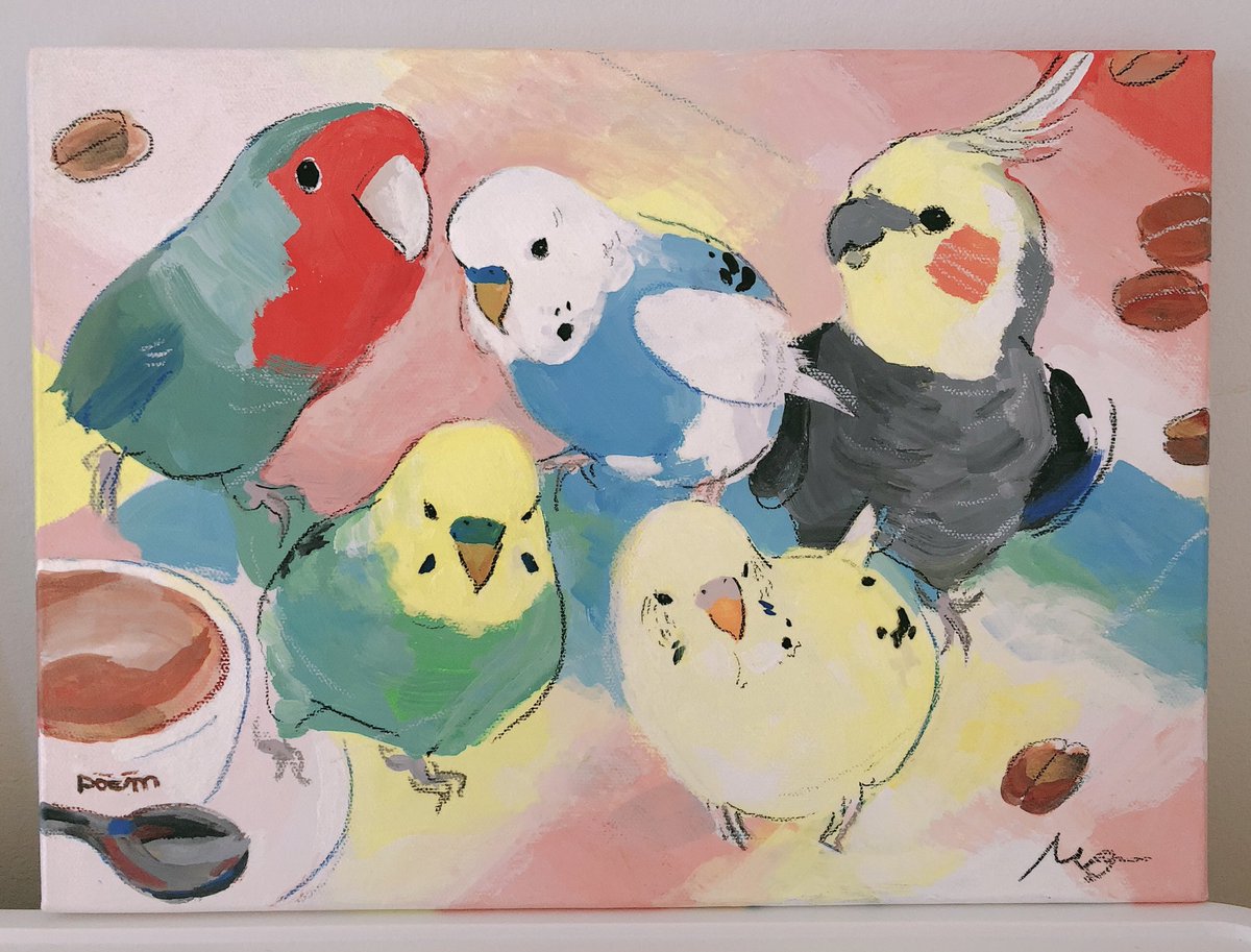 poemcafe_nagata's tweet photo. #トリハ展 へ伺った際に飾られていた@okumura_michiyo 様の作品を拝見したときから大大大ファンに。いつかうちの子たちを描いてもらいたい！という念願が叶いました✨

大好きな5羽をいっしょに😌
poemカップと珈琲豆まで描いてくださって、もう最高過ぎる。
感動✨感激✨感謝✨

#オクムラミチヨ 様 https://t.co/QPkV497Q4R