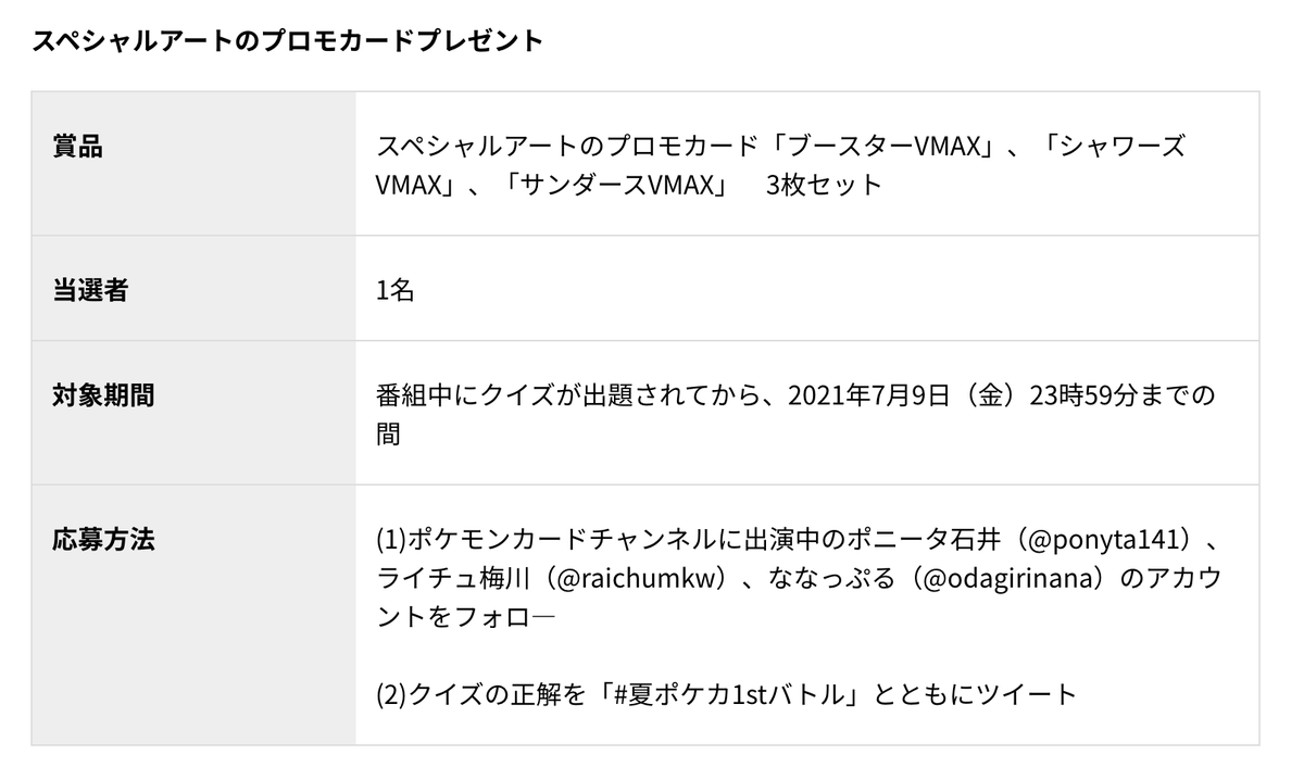 ポケモンカード新作 再販速報 7月9日 金 17時30分 放送される 夏ポケカ1stバトル での視聴者プレゼントでもワンチャンあり T Co 8xcaddvj6t 応募方法は次のツイート ポケモンカード新作 再販速報 7月9日 金 17時30分 放送される 夏ポケカ1stバトル での視聴者プレゼントでもワンチャンあり T Co 8xcaddvj6t 応募方法は次のツイート
