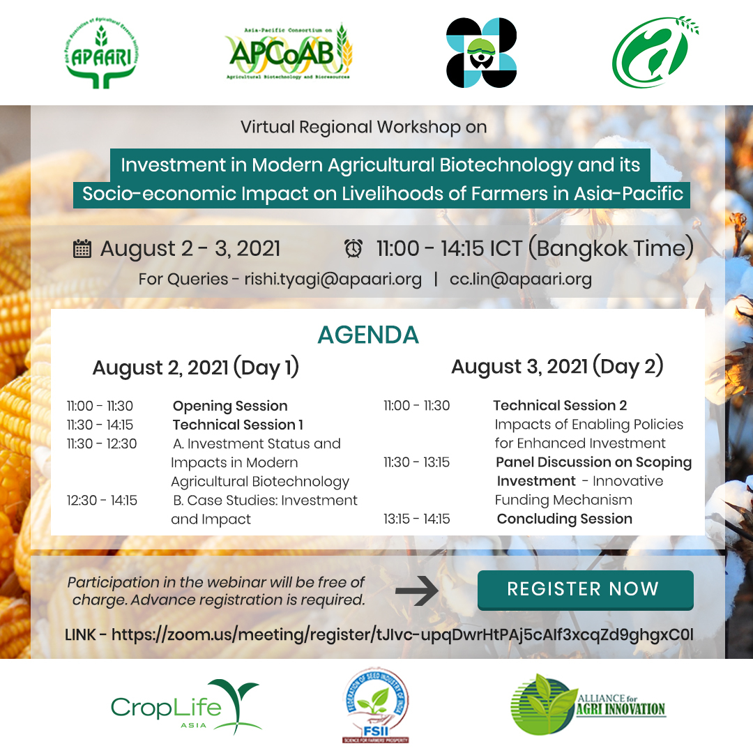 APAARI's tweet photo. Be a part of our regional workshop in Modern Agricultural Biotechnology and its Socio-economic Impact on Livelihoods of Farmers in the Asia Pacific to help future-proof our farmers in resilient #agrisolutions. Join our conversation here https://t.co/QUHcMYakbA
#APCoAB #APAARI https://t.co/eC1jejQTDv