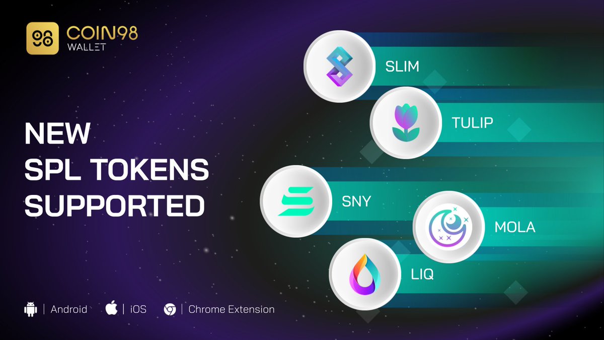 .<a href="/solana/">Solana</a> is expanding stronger than ever after the Solana Season Hackathon, and we are excited to support more projects built on this blockchain. 

Let’s welcome SPL tokens to Coin98 Wallet! Now users can store and transfer them on our app.

$SLIM $TULIP $SNY $MOLA $LIQ