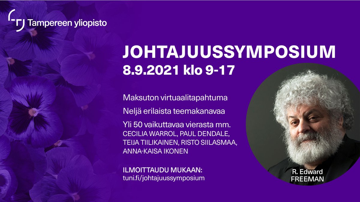 Johtajuussymposiumin tämän vuoden teemoina ovat #tieto, #turvallisuus ja #kestäväkehitys. Tapahtuma välitetään suorana verkossa neljällä teemakanavalla. Katso ohjelma ja ilmoittaudu: events.tuni.fi/johtajuussympo… #johtajuussymposium2021 #TampereUni #TAMK