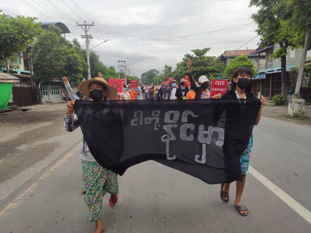 Locals from Kale, Sagaing, took to the streets to demonstrate their continuous opposition to Myanmar's military rule, carrying a banner that said, "We Will Win." #July2Coup #WhatsHappeningInMyanmar