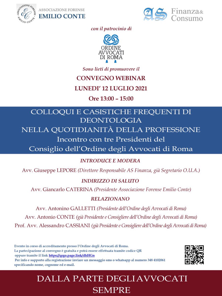 Lunedì 12/7/2021 ore 13/15 #convegno  #webinar #deontologia #forense #formazione #avvocati #seminario organizzato da <a href="/AssEConte/">Associazione EConte</a> <a href="/OrdineAvvROMA/">Consiglio dell'Ordine degli Avvocati di Roma</a> <a href="/ASFINANZA1/">ASFinanza&Consumo</a>  <a href="/avvgalletti/">Antonino Galletti</a> <a href="/avvcassiani/">alessandro cassiani</a> 
Formazione di qualità #avvocatura #romana grazie a 
<a href="/GiuseppeLepor20/">Avv. Giuseppe Lepore</a> per organizzazione webinar
