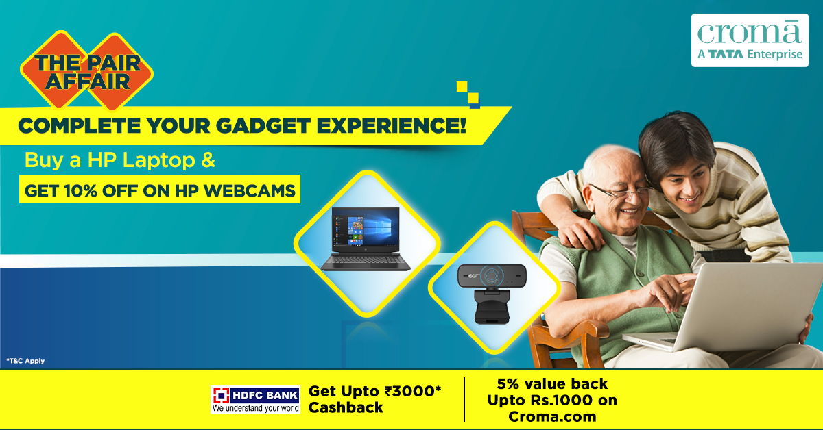 cromaretail's tweet photo. Thank God it’s Friday!

Now get an extra 10% off on HP Webcams on purchase of any HP laptop.

Shop Now: https://t.co/HNhr1DZjUI 

#Croma #PairAffair #BrighterEveryday #FridayOffers #Laptop #Webcam https://t.co/CyjXkB5FVz