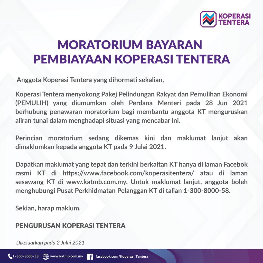Royal Malaysian Navy V Twitter Psa Koperasi Tentera Sedang Mengemaskini Moratorium Bayaran Pembiayaan Kt Dan Pemakluman Terperinci Akan Dibuat Pada 9 Julai 2021 Https T Co W7gvebvmro Twitter