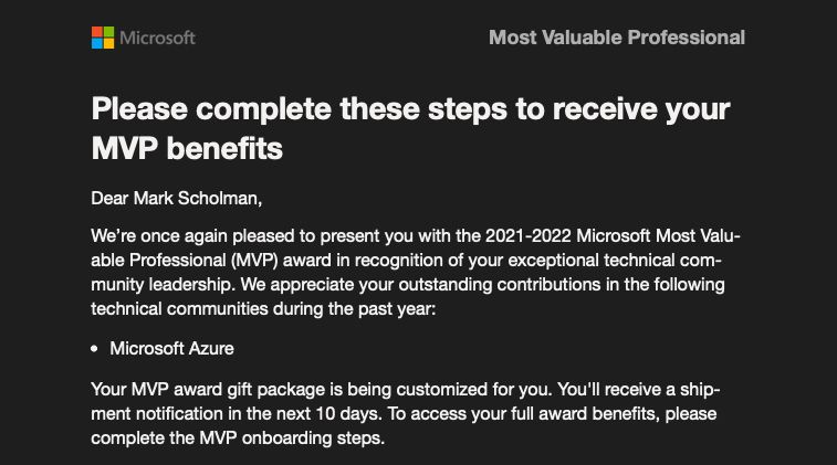 markscholman's tweet photo. A special one this year, but very happy to be renewed for another year in this #AzureStackFamily #MVPBuzz Community https://t.co/iL7bVPftJQ