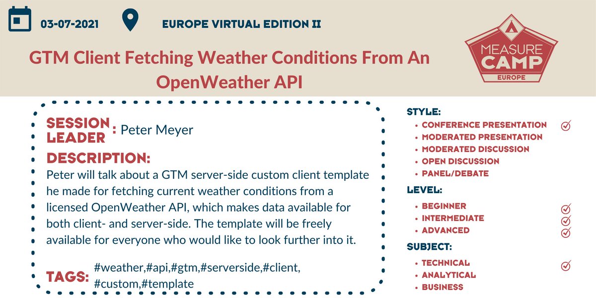 We have a session through from #MeasureCamp regular <a href="/pmeyerdk/">Peter Meyer</a>. He will lead a technical presentation on fetching weather conditions via API to insert into your analytics, complete with template for you.

Share your session today, save time tomorrow docs.google.com/forms/d/e/1FAI…