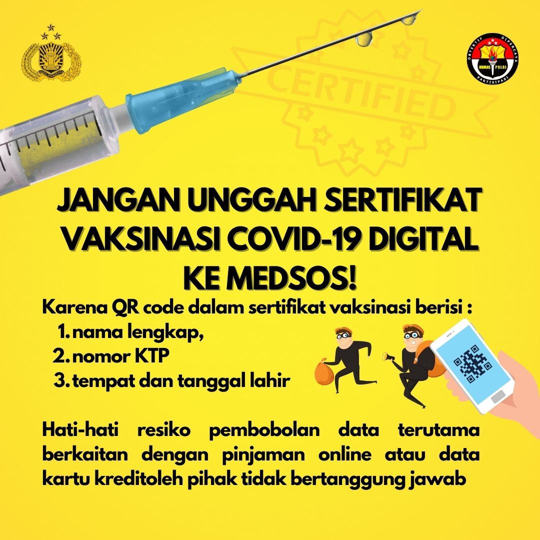 SmartProjects__'s tweet image. Stop Unggah Sertifikat Vaksin Di Medsos!
Sertifikat digital vaksin Covid -19 itu memuat QR Code yang wajib dilindungi karena didalamnya memuat data pribadi kamu
Jadi.. Jangan pernah unggah sertifikat digitalnya ya.
karena bisa saja datanya disalahgunakan untuk kejahatan.