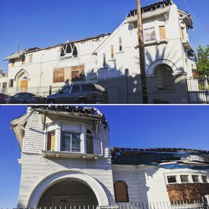 esotouric's tweet photo. A sad sight in the heart of the National Register 27th Street Historic District is the fire-ravaged Crouch Memorial Church of God in Christ. It's been like this since 2013. Such a waste of a fine Romanesque landmark. #mydayinla #thisplacematters #demolitionbyneglect https://t.co/K57HkhgS7T