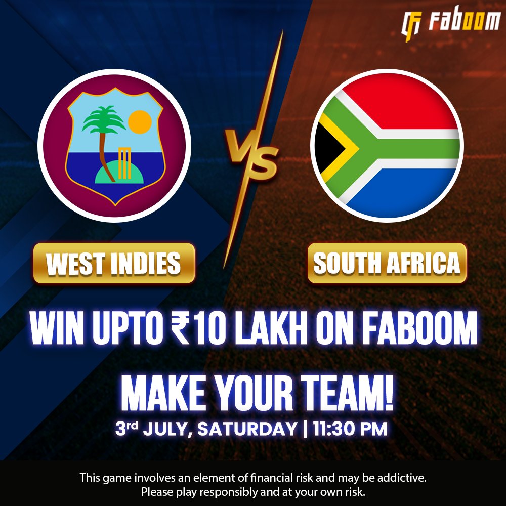 All set for the fiery fight between West Indies and South Africa?🔥 
Make your team on Faboom & get ₹500 sign up bonus. 💰
#faboom #faboomgaming #cricket