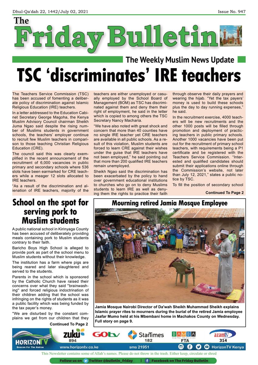 The Teachers Service Commission (TSC) has been accused of fomenting a deliberate policy of discrimination against Islamic Religious Education (IRE) teachers. 
Read the full story on: jamiamosque.co.ke/friday-bulleti…