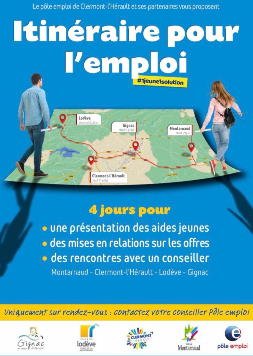 L'itinéraire pour l'#Emploi des #Jeunes se poursuit sur le territoire. Montarnaud, Clermont L'Hérault et Lodève 33 jeunes reçus. CIE valorisés, mises en relation #entreprises, orientations vers l'AIJ et la MLI✅ Rdv le 6.07 à Gignac pour la dernière étape ! ➡️#1jeune1solution