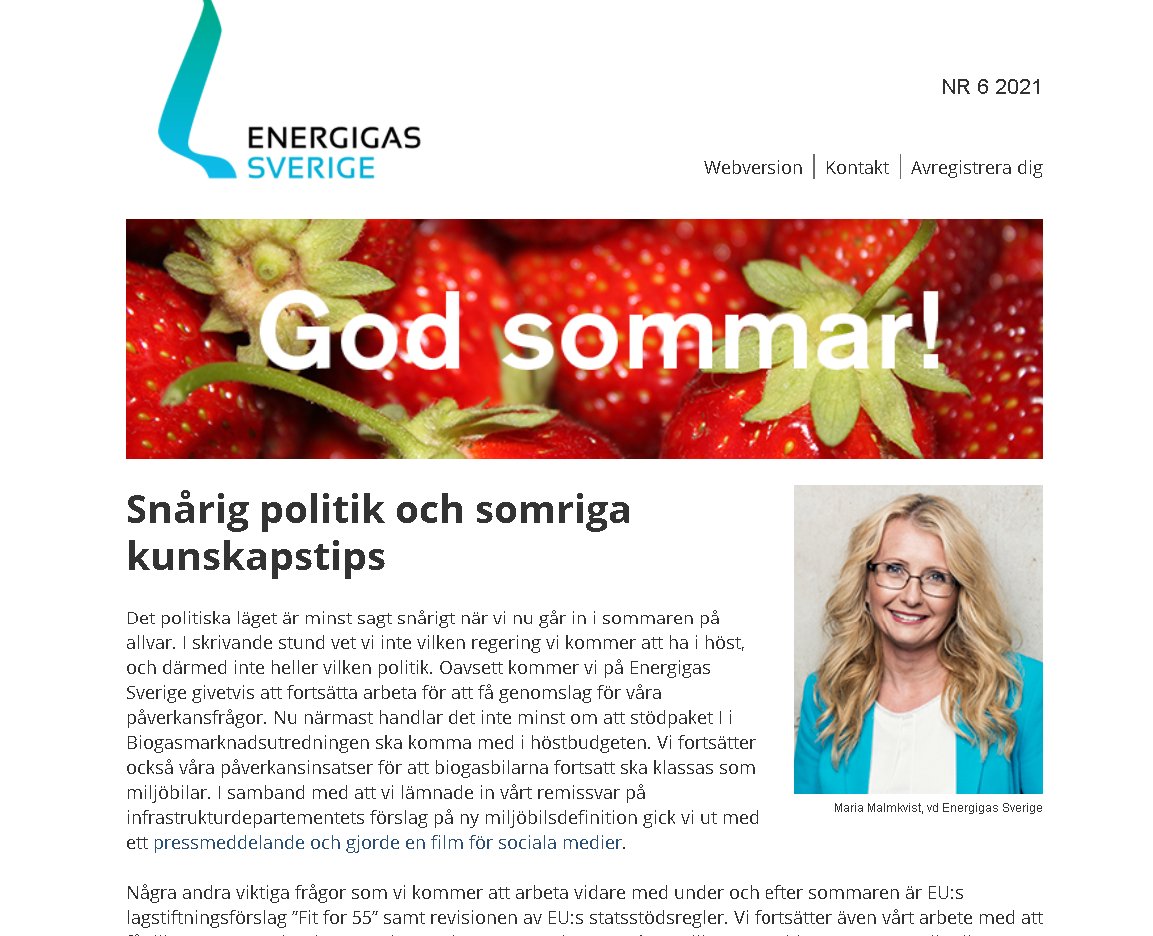 Ur senaste nyhetsbrevet: Skrota förslaget till ny #miljöbilsdefinition, nytt samarbete kring #vätgas i norr, gasens roll i Sverige, gotländska chips med #biogas. Läs hela nyhetsbrevet och prenumerera: energigas.se/publikationer/… Trevlig sommar!