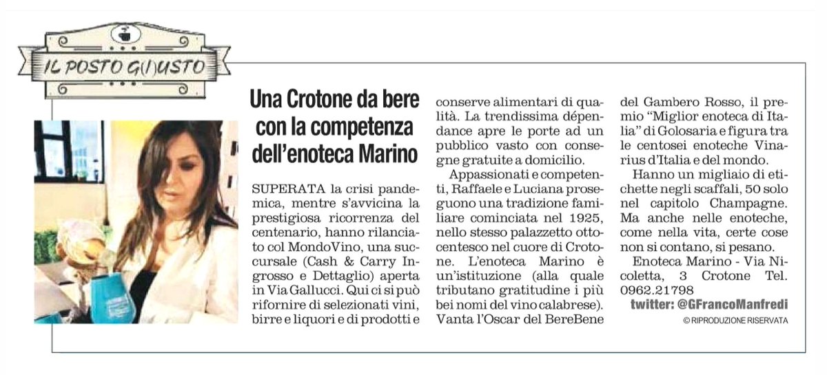 GFrancoManfredi's tweet photo. C'è la #Crotone da bere (bene) nella trendissima dépendance e nella sede storica dell' #EnotecaMarino
La tradizione dell'insegna sta per compiere un secolo di vita ed è da decenni nell'Olimpo delle #enotecheitaliane
#vinarius
#AEPI
#donnedelvino
#aiscalabria
#sommelier https://t.co/rlaPWI69Eh
