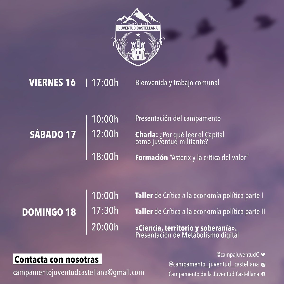 👉Esta será la programación del primer fin de semana del campamento

👉Recordamos que no es necesario inscribirse a la semana completa, puedes apuntarte solo a un fin de semana o a dias sueltos 

 Para inscribirte tienes que rellenar el formulario que encontrarás en nuestra bio.