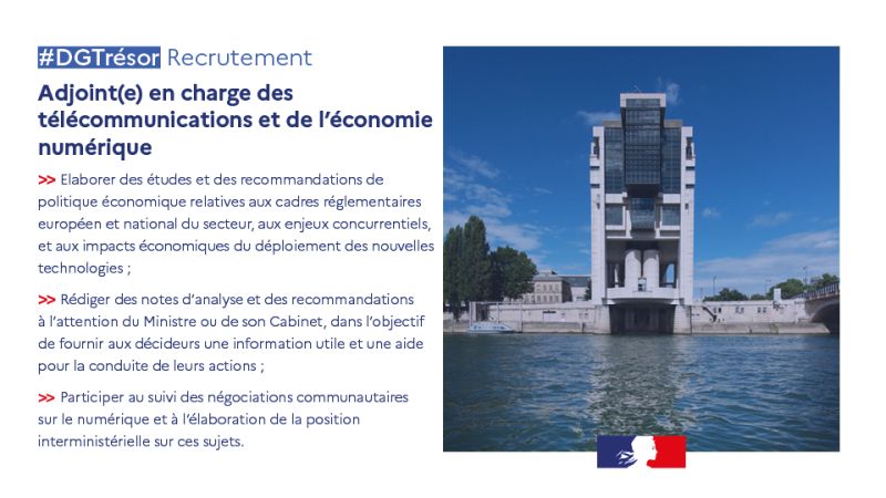 #Emploi 💼 | La <a href="/DGTresor/">Direction générale du Trésor</a> recrute un(e) adjoint(e) en charge des télécommunications et de l'économie numérique ➡️ passerelles.economie.gouv.fr/offre-de-emplo… #Recrutement