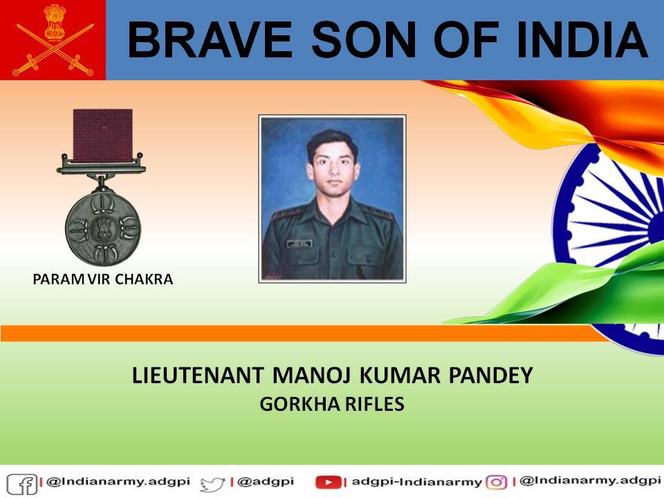 02 July 1999

#OperationVijay 

Captain Manoj Kumar Pandey bravely led multiple attacks in Batalik Sector. Displayed conspicuous bravery, indomitable courage &amp; made the supreme sacrifice. Posthumously awarded #ParamVirChakra.

gallantryawards.gov.in/awardee/1066