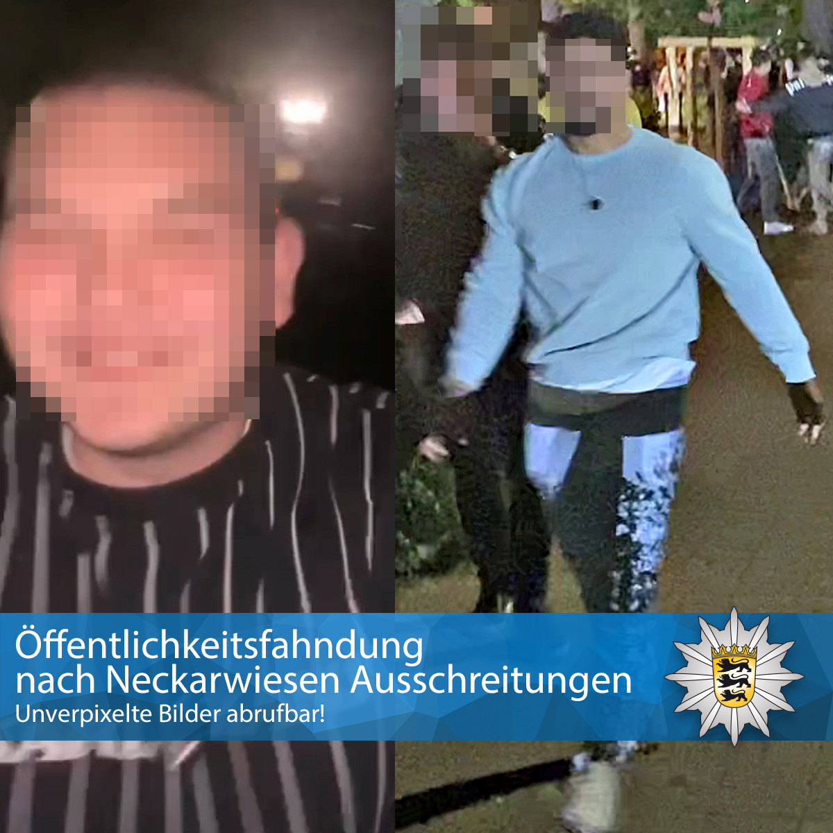PolizeiMannheim's tweet photo. +++ Öffentlichkeitsfahndung +++

Nach den #Ausschreitungen am Pfingstwochenende auf der Neckarwiese #Heidelberg suchen wir zwei weitere Tatverdächtige.

+++ BITTE TEILEN! +++
❗ Unverpixelte Bilder könnt Ihr direkt hier abrufen:
https://t.co/9qyAyzu92D https://t.co/HbbETHo2V4