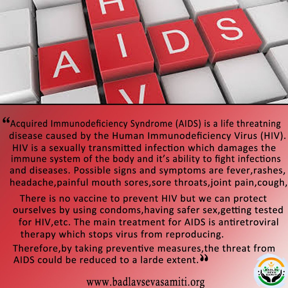 sam_hi26's tweet photo. Acquired immunodeficiency syndrome (AIDS) is a chronic, life-threatening disease caused by the Human Immunodeficiency Virus (HIV).

#AIDS #aids #HIV #hiv #infection #sexuallytransmitted #immunesystemdamage #aidstesting #hivtesting #safesex #badlavsevasamiti https://t.co/A3ltU6BIxv