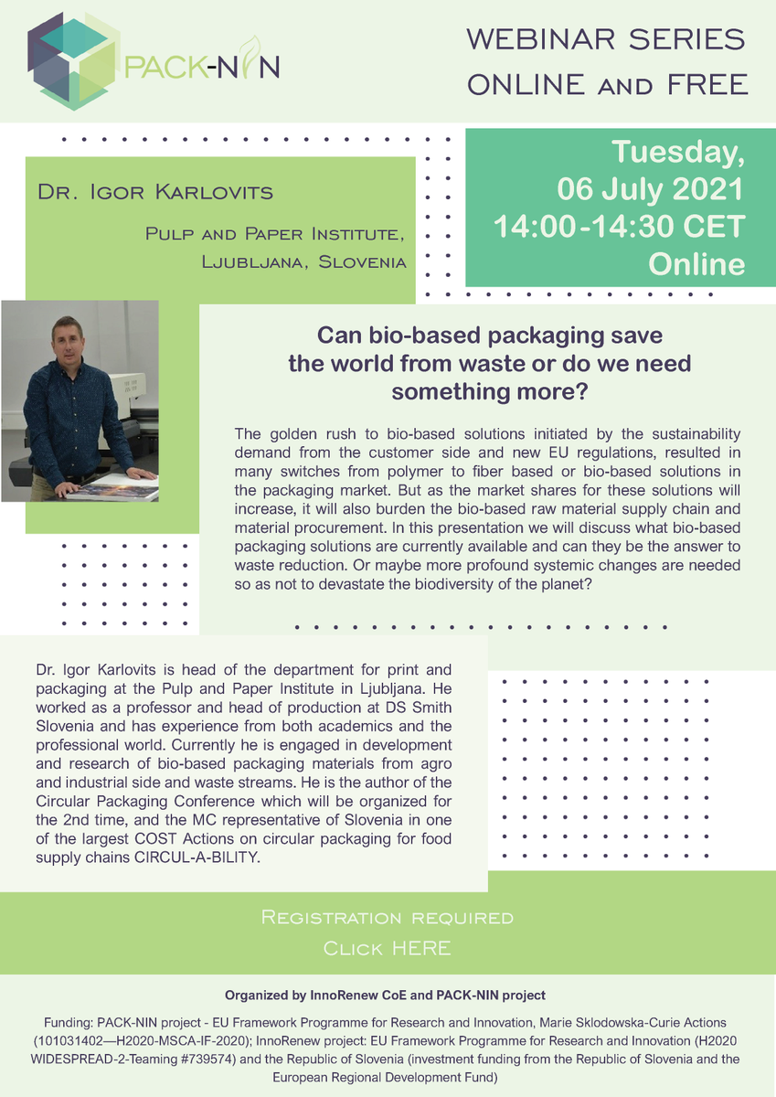 InnoRenewCoE's tweet photo. Join the free PACK-NIN webinar featuring Dr. Igor Karlovits, ICP, on Tuesday, 06 July 14:00 CET.

He asks, “Can bio-based packaging save the world from waste or do we need something more?”.

Register to attend.
➡️https://t.co/D5k3CvUPGx
#packnin #msca #packaging #innorenew https://t.co/kk1w2LTYNp