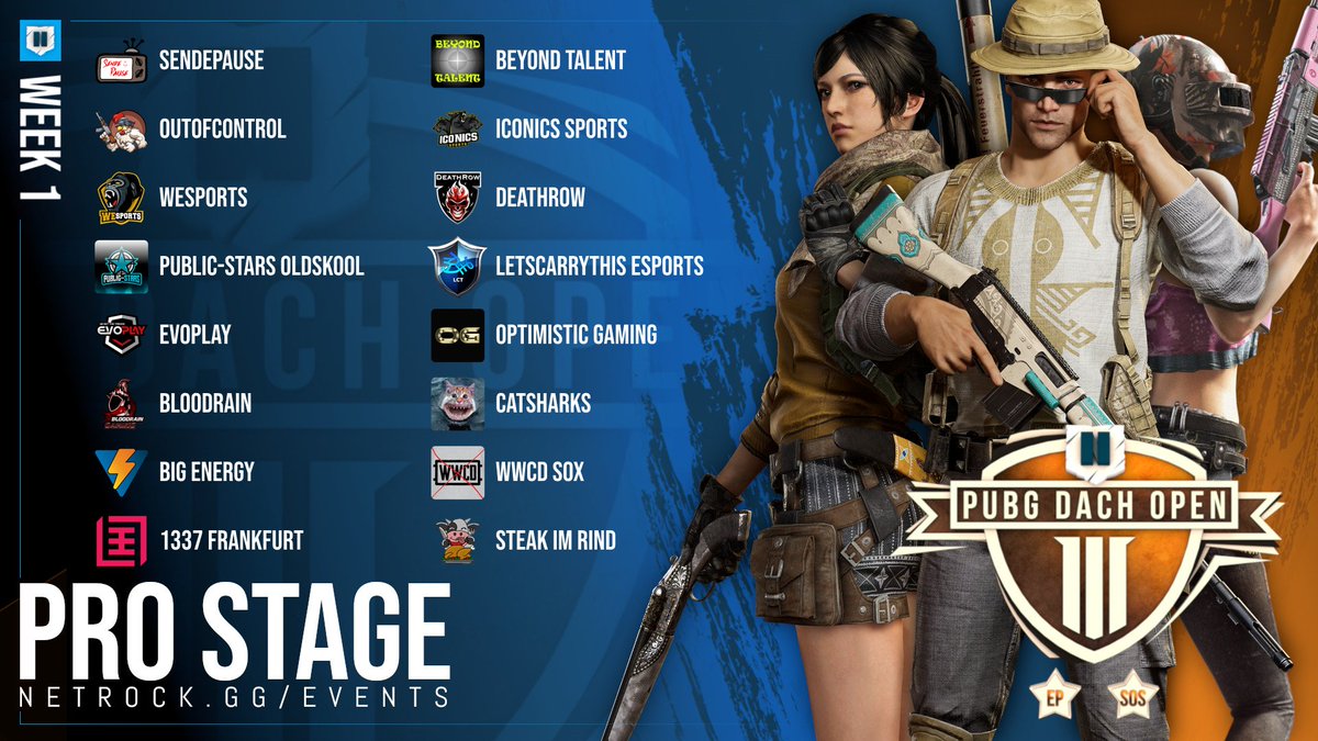 ℹ️ PUBG Dach Open Season 3 Stages ℹ️

Pro Stage😎

<a href="/iCONICSSports/">iCONICS Sports</a> @WeSports_de @publicstarsorg  <a href="/EsportsLct/">LetsCarryThis Esports</a> @Team_EVOPLAY <a href="/BloodrainGaming/">Bloodrain-Gaming</a> @1337Frankfurt

⏱Tag 1: 07.07.21 19:00 Uhr
📺twitch.tv/netrockgg
💰3.000€
🎙<a href="/Caster_Oli/">Oliver Brunner</a> &amp; @Mrsummusic
ℹ️ netrock.gg/events/pubg-da…