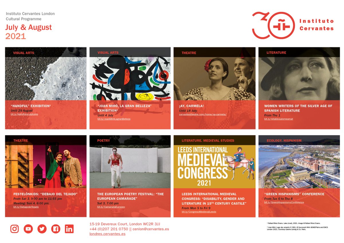 CervantesLondon's tweet photo. 🎨🎭🖼️📘Don't miss our July &amp; August cultural programme, including visual arts, theatre, literature, poetry, ecology, medieval studies, gastronomy, cinema &amp; sculpture.
✅Check and RSVP for all the events here:
https://t.co/NIiLbOq0Qo https://t.co/6nyaSaPelU