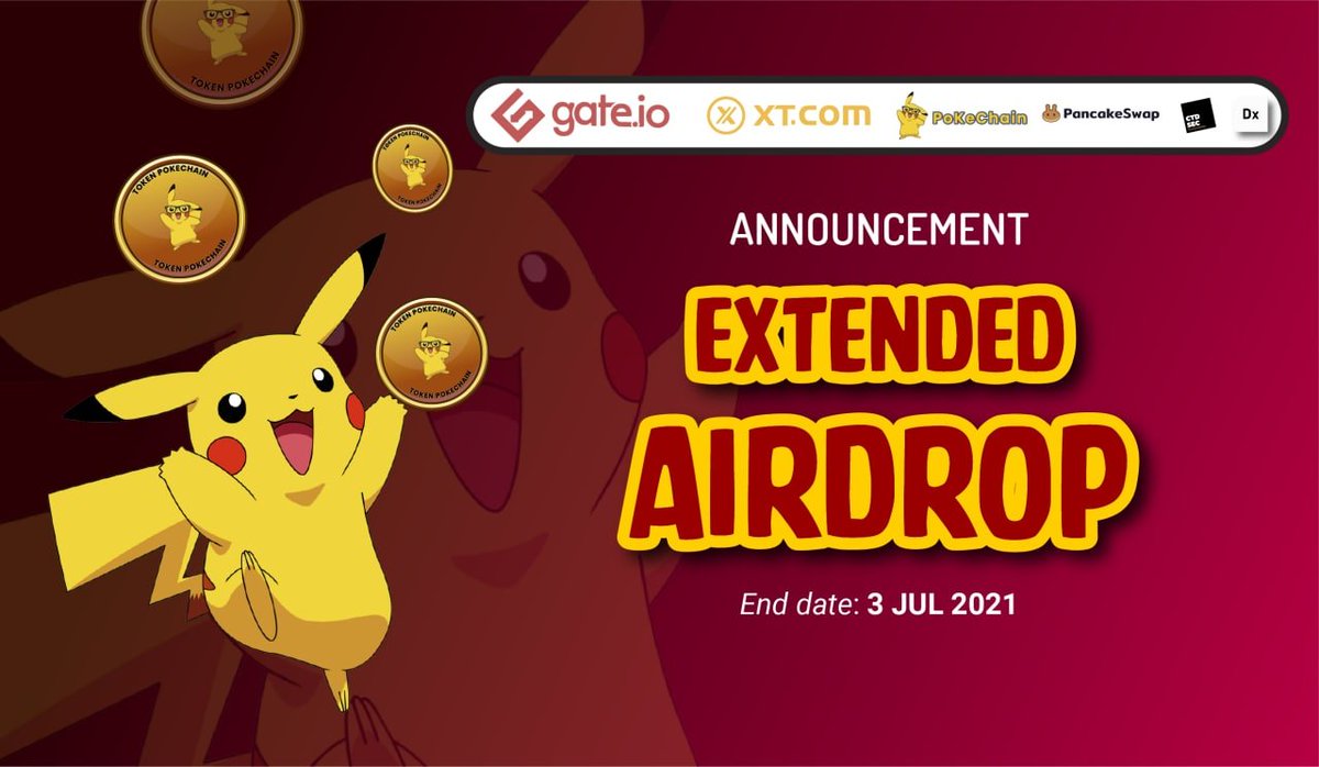 💎 Get ready for the extended airdrop! 🎈🎈🎈
We are thrilled to announce our community #Airdrop is extended because of the rapid growth of POKECHAIN.
 📼 Audit: ctdsec.com
📅 Airdrop End: 3 July, 2021
🏦 Distribution: 12 July, 2021
 Retweet and spread the word!
