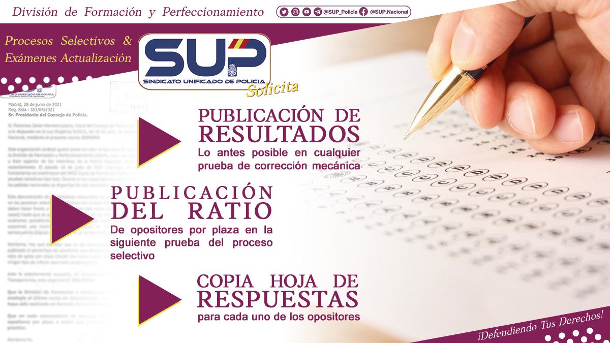 Sup_Policia's tweet image. ☝La División De Formación y Perfeccionamiento 
debe publicar:
👊Resultados lo antes posible
👊Ratio opositores/plaza
y deben proporcionar
👊Copia de la Hoja de Respuestas
@Sup_Policia lo solicita para #ProcesosSelectivos y #ExámenesDeAscenso
#SupLiderEnReivindicaciones