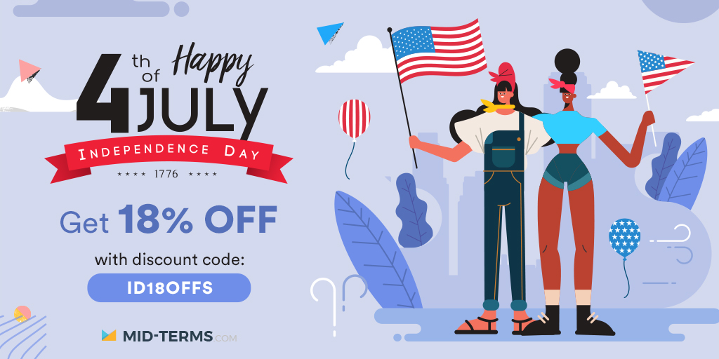 midtermswriting's tweet image. Happy 4th of July! Wish you a fun celebration of Independence Day 2021! Hurry up to get 18% OFF for any order at mid-terms.com/order/
#IndependenceDay #usaindependence #midtermhelp #writingdiscounts