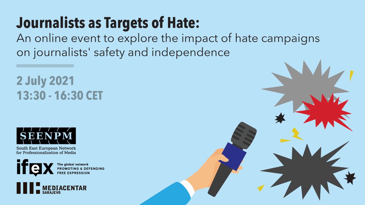📣Today at 1.30pm CET: Journalists as Targets of Hate, an online event to explore the impact of hate campaigns on journalists’ safety and independence.

Join us: bit.ly/3xT7jhu