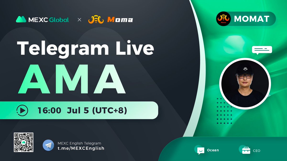 BroBean88's tweet photo. 🌟@MEXC_Global AMA with @Moma_Finance #MOMAT 

📍Tele group: https://t.co/5j0e5hBxbg
⏰16:00 Jul 5 (UTC+8)

✅Follow @Moma_Finance &amp; @MEXC_Fans
✅RT &amp; Like &amp; Tag 3
✅Comment

🌈10 ppl * 10 $USDT equivalent token each 

Join us to learn more about @Moma_Finance &amp; #giveaway🎊🎊 https://t.co/YAqedLaxZc