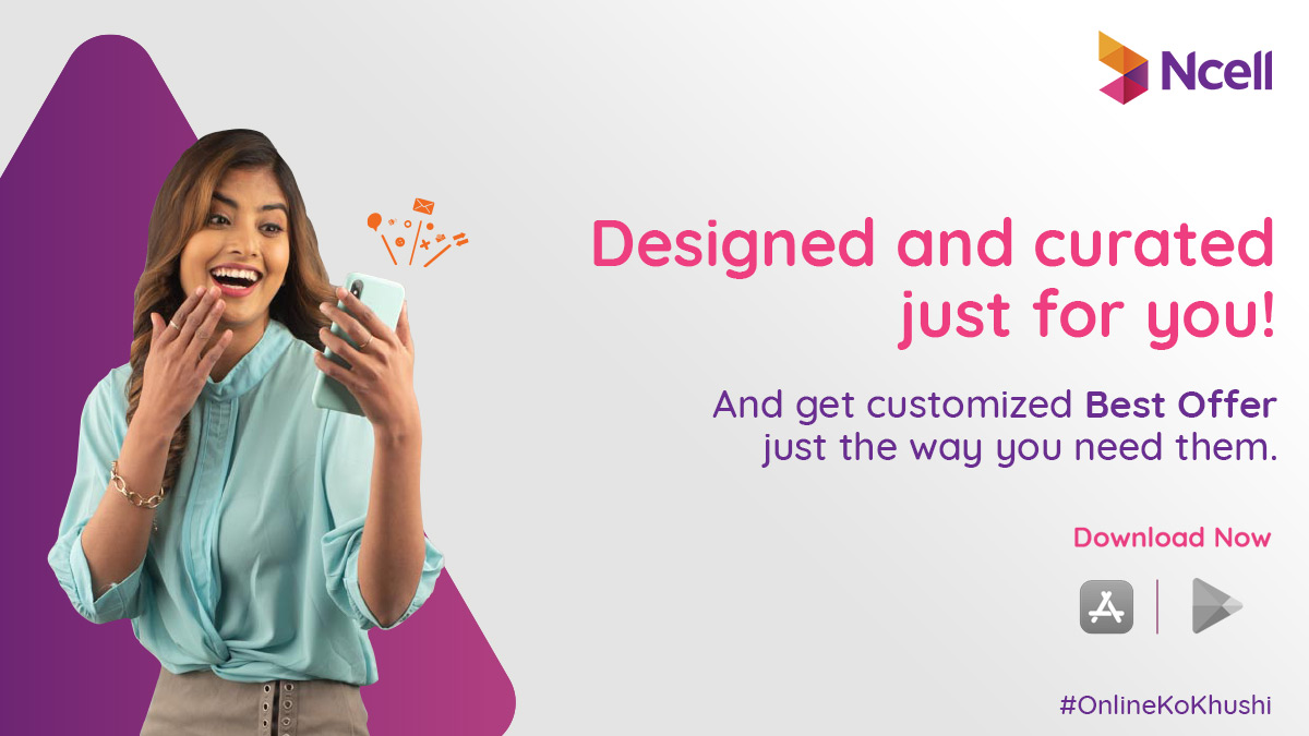 Ncell's tweet photo. What’s better than great offers? Great offers customised only for you!
Get tailor-made offers based on your interests with Best Offers only on the Ncell App.
To get your customised Best Offers on Ncell App, go to https://t.co/9lQmpJOWvn
#BestOffers #NcellApp #OnlineKoKhushi https://t.co/Bz6rAMTeXT