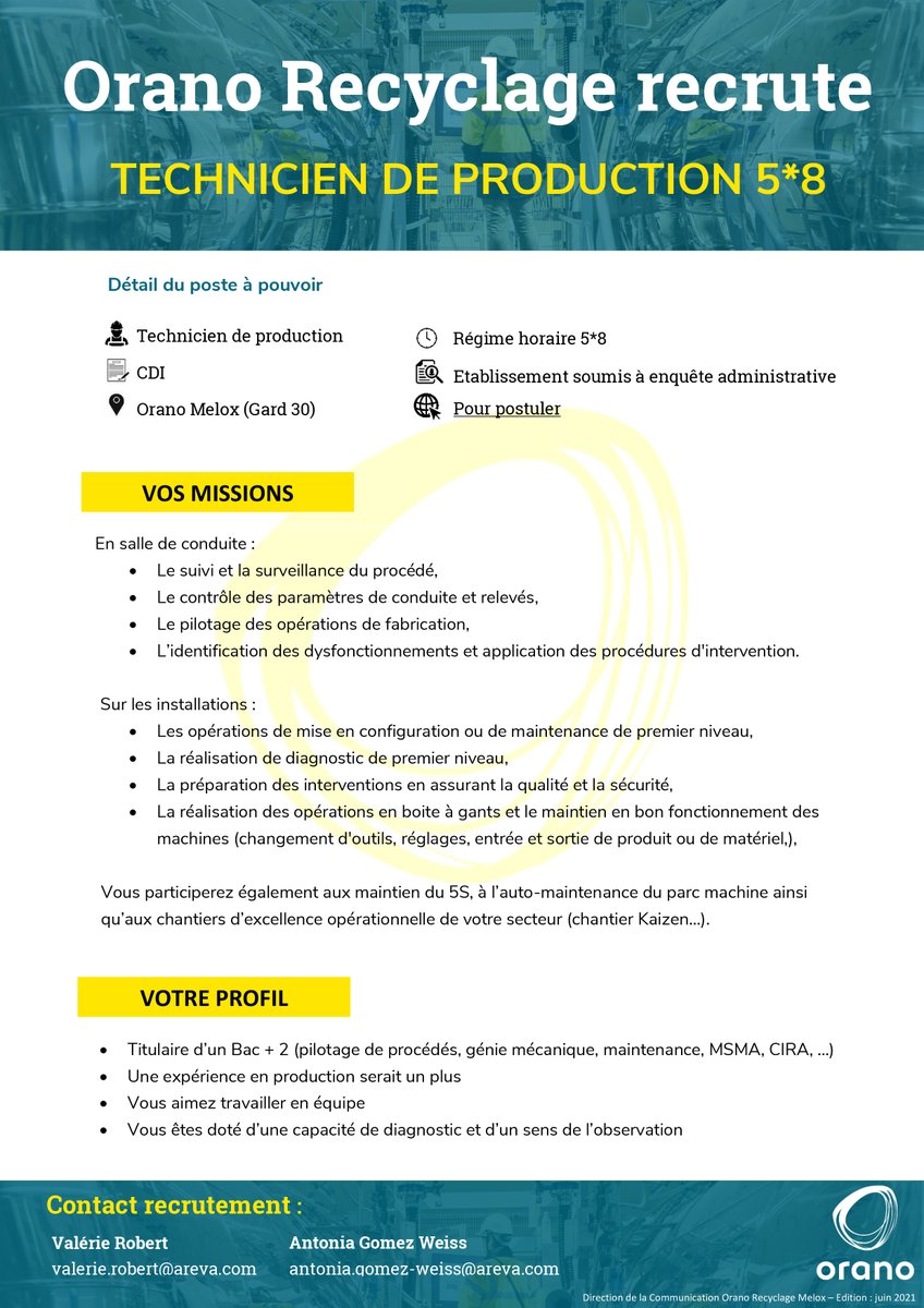 OranoMelox's tweet photo. 5⃣x8⃣ = 1⃣5⃣ 🤔
Bon d'accord, il y a une explication 💡Nous recrutons 15 techniciens qui produiront du #MOX au rythme des postes en service continu. Le cinq fois huit consiste à faire tourner par roulement de huit heures consécutives cinq équipes sur un même poste #Industrie ⤵️ https://t.co/krsRgmTTUO