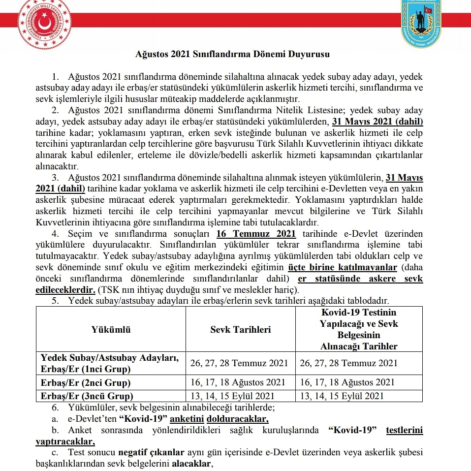 Hasankaya_20's tweet photo. Ağustos 2021 Sınıflandırma Döneminde Silah Altına Alınacak Yükümlülere Ait Duyuru 📌

#TekTipAskerlik #Erbaş #Er #Celp
 #BedelliAskerlik #Terhis #Sevkİslemleri #HayırlıCumalar https://t.co/cWtPyFc6ea
