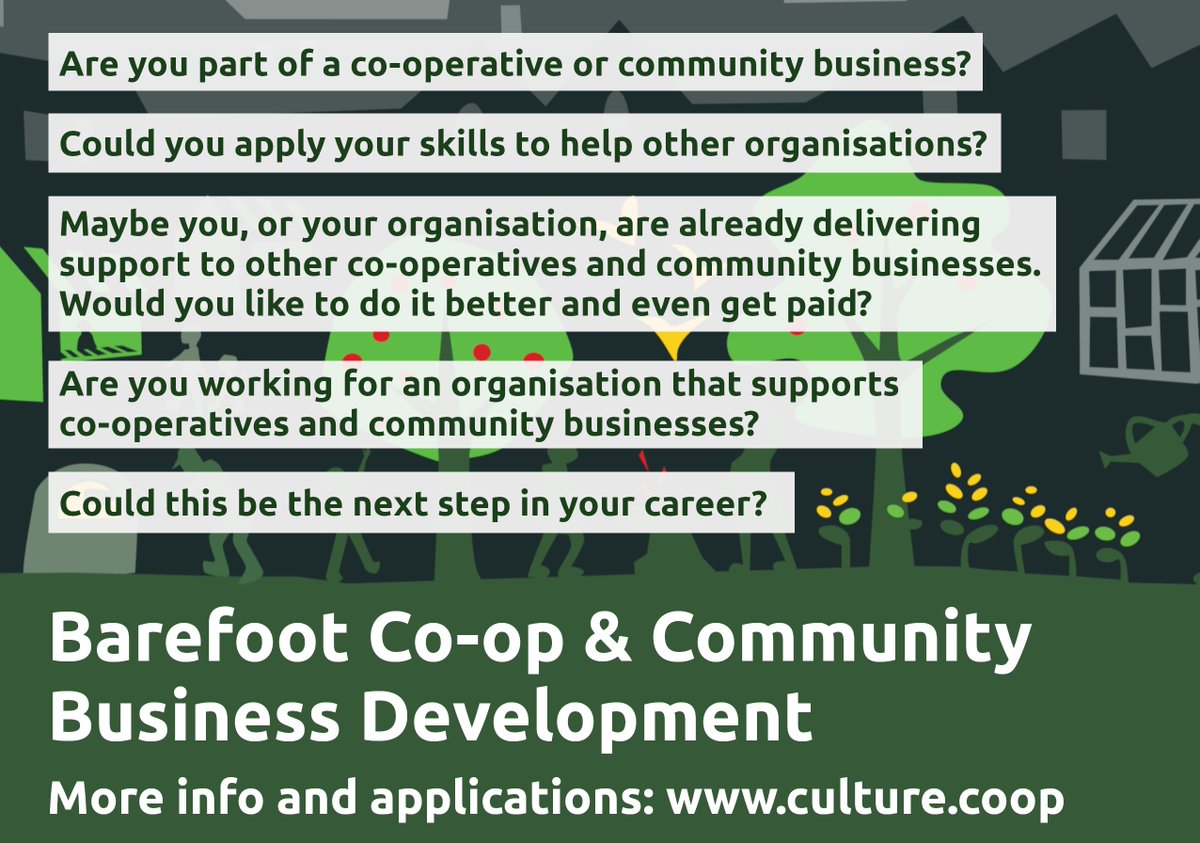 People build up skills and experience whilst managing co-operatives &amp; community businesses. If this is you, would you like to share your knowledge with other groups as a support provider?  Barefoot builds on your experience to help you become an advisor. culture.coop/barefoot-train…