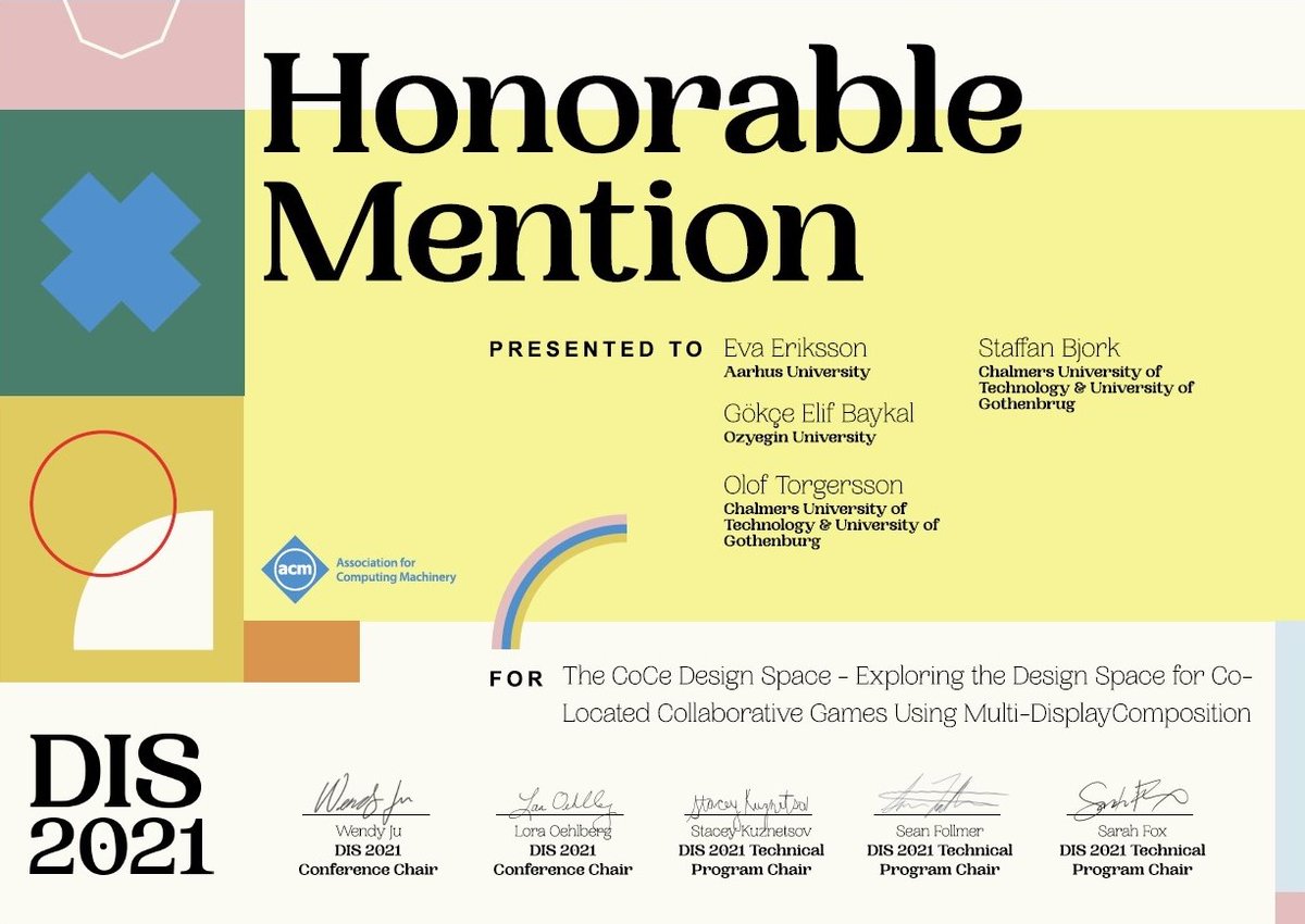 elifbaykal's tweet image. Celebrating our Honourable Mention Award for our #acmDIS2021 paper on using #designspace as a generative tool to analyze collaborative games. The paper is now online @ACMDL 👉dl.acm.org/doi/10.1145/34…
